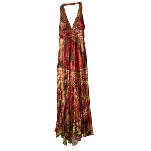 Dolce Jovani Red Gold Silk Blend Beaded Halter Maxi Dress Formal Gown Sz S